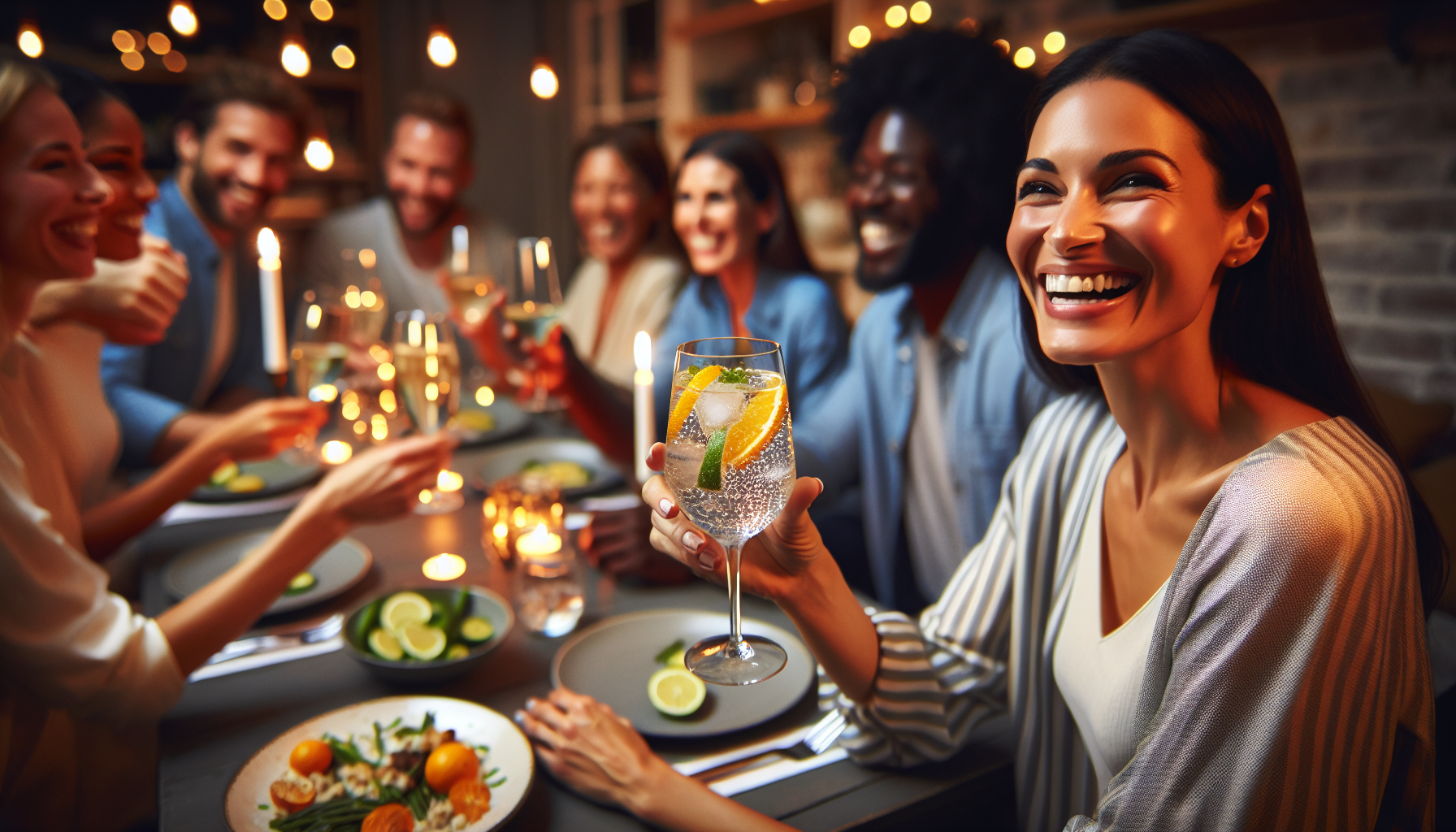 Person choosing sparkling water instead of alcohol at a social gathering to avoid triggering panic attacks
