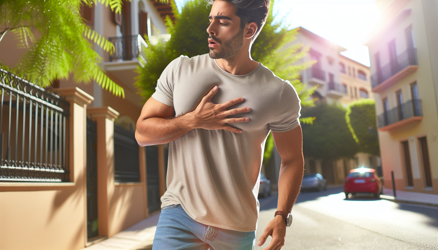 Person experiencing a sudden unexpected panic attack while walking on a calm street