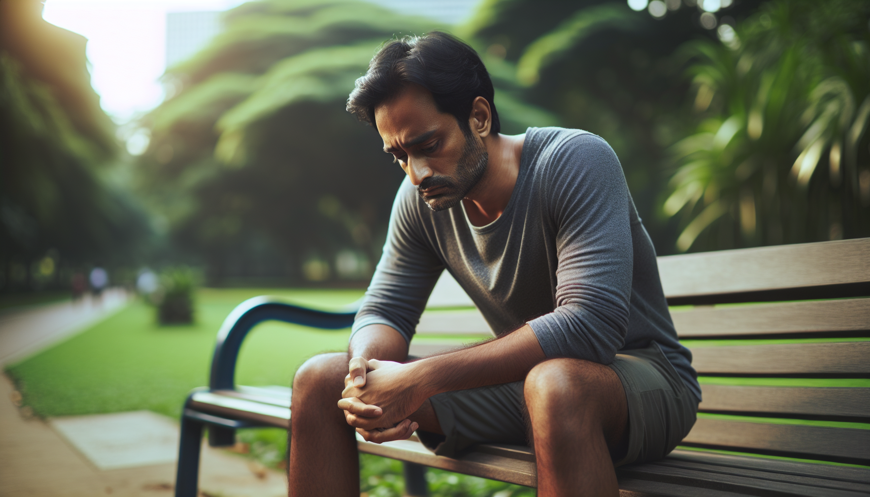 Man sitting alone on a park bench experiencing internal stress, representing how men often hide panic attacks