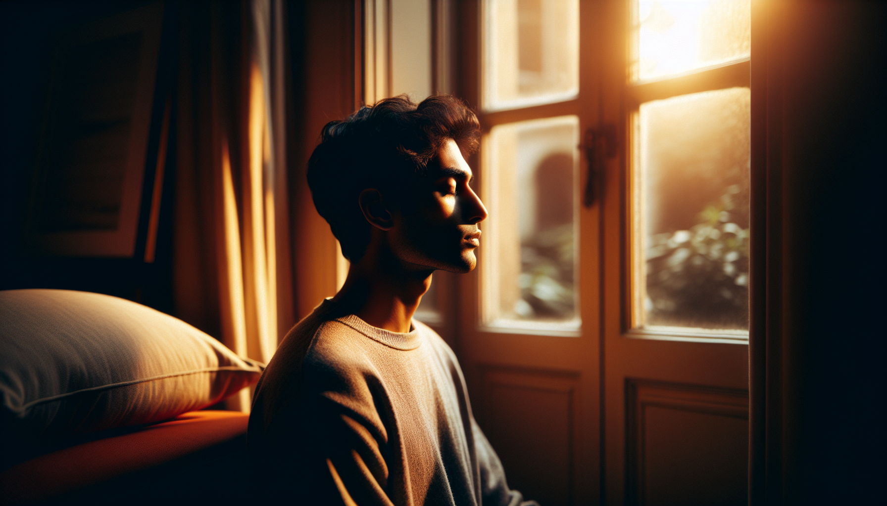 Person sitting calmly near a window practising deep breathing to recover from a panic attack
