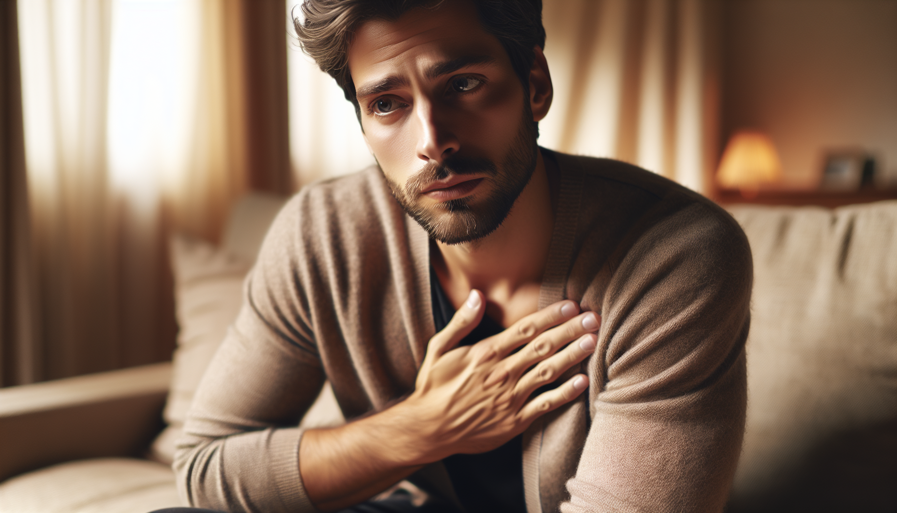 Person experiencing chest discomfort, hand placed on chest