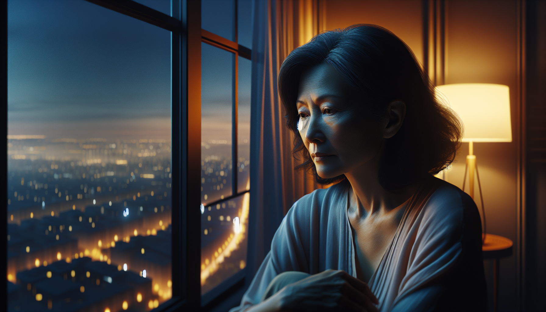 Person finding calm and solitude after experiencing a silent panic attack, sitting by a window at night