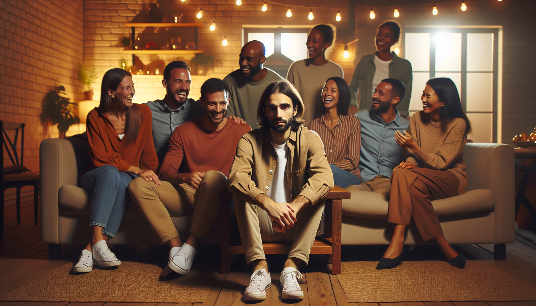 Person appearing calm in a social setting while silently experiencing a hidden panic attack inside